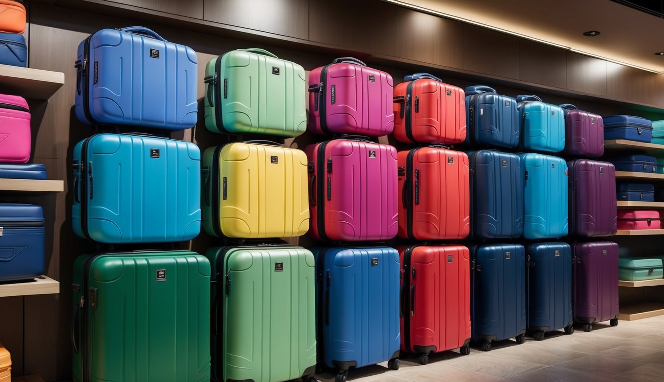 Una fila de coloridas maletas de cabina Benetton apiladas ordenadamente en una exhibición de tienda de viajes