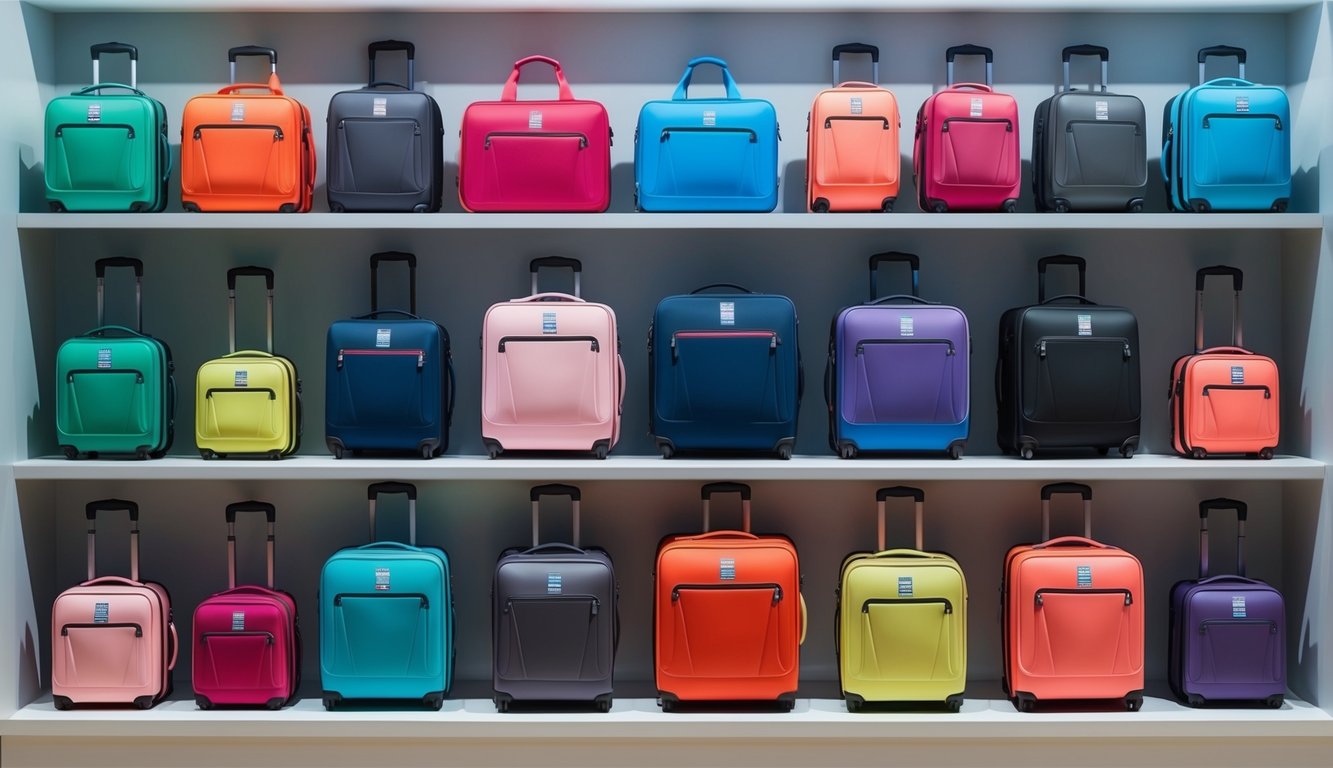 Una colorida variedad de accesorios de equipaje de cabina Benetton dispuestos ordenadamente en una estantería de exhibición
